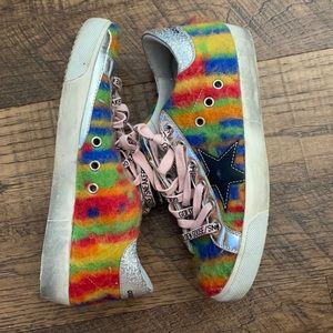 Fuzzy rainbow golden goose worn once women’s size 37